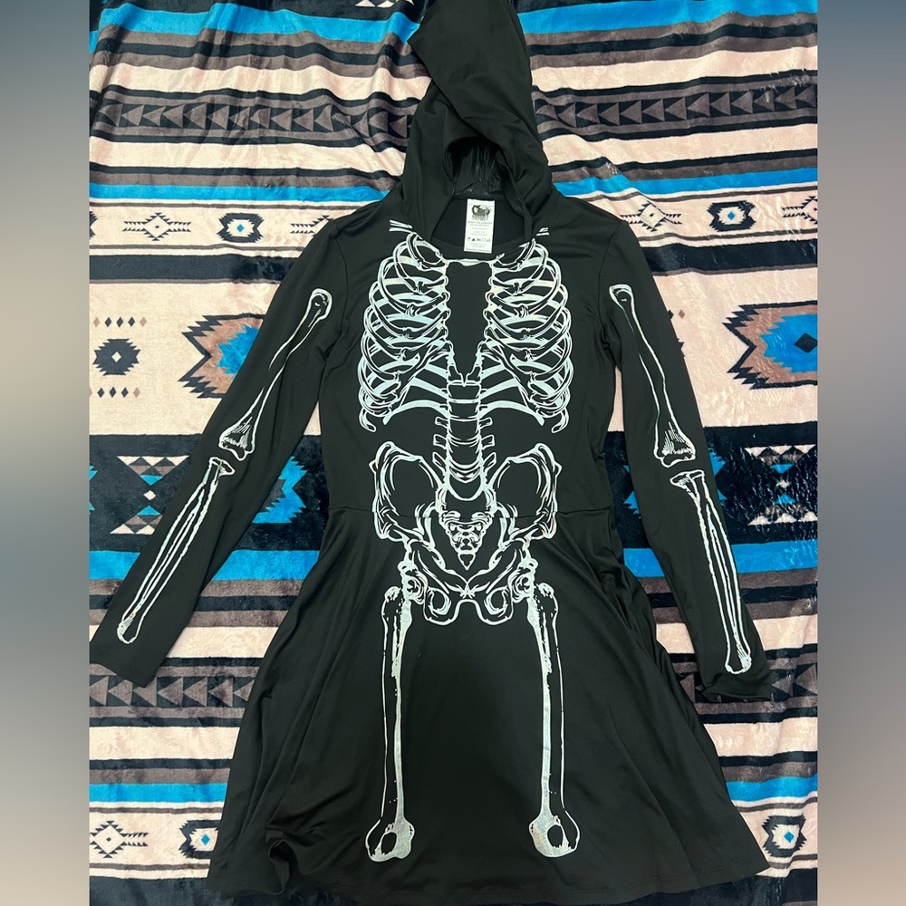 Black Skeleton Print Hooded Dress